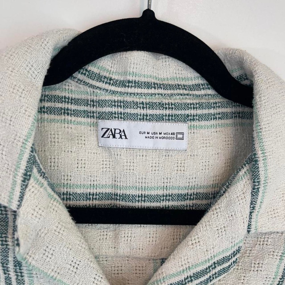 Zara Cream & Green Textured Camp Collar Shirt — Men's Medium - Picture 4 of 6